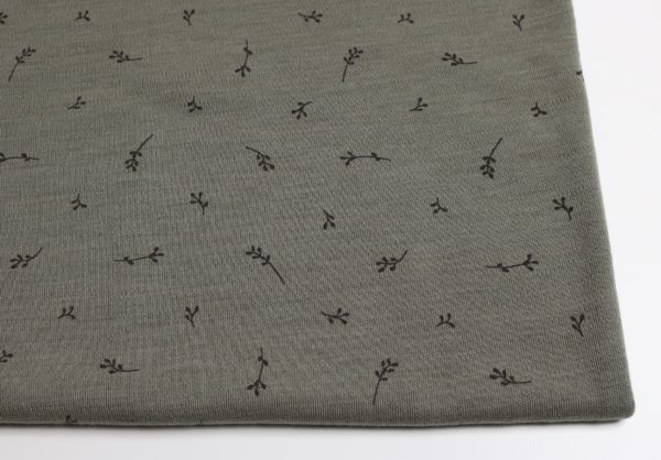 Coupon 75 cm, Bio Merino Interlockjersey , Zweiglein raucholiv (kbT, mulesingfrei)