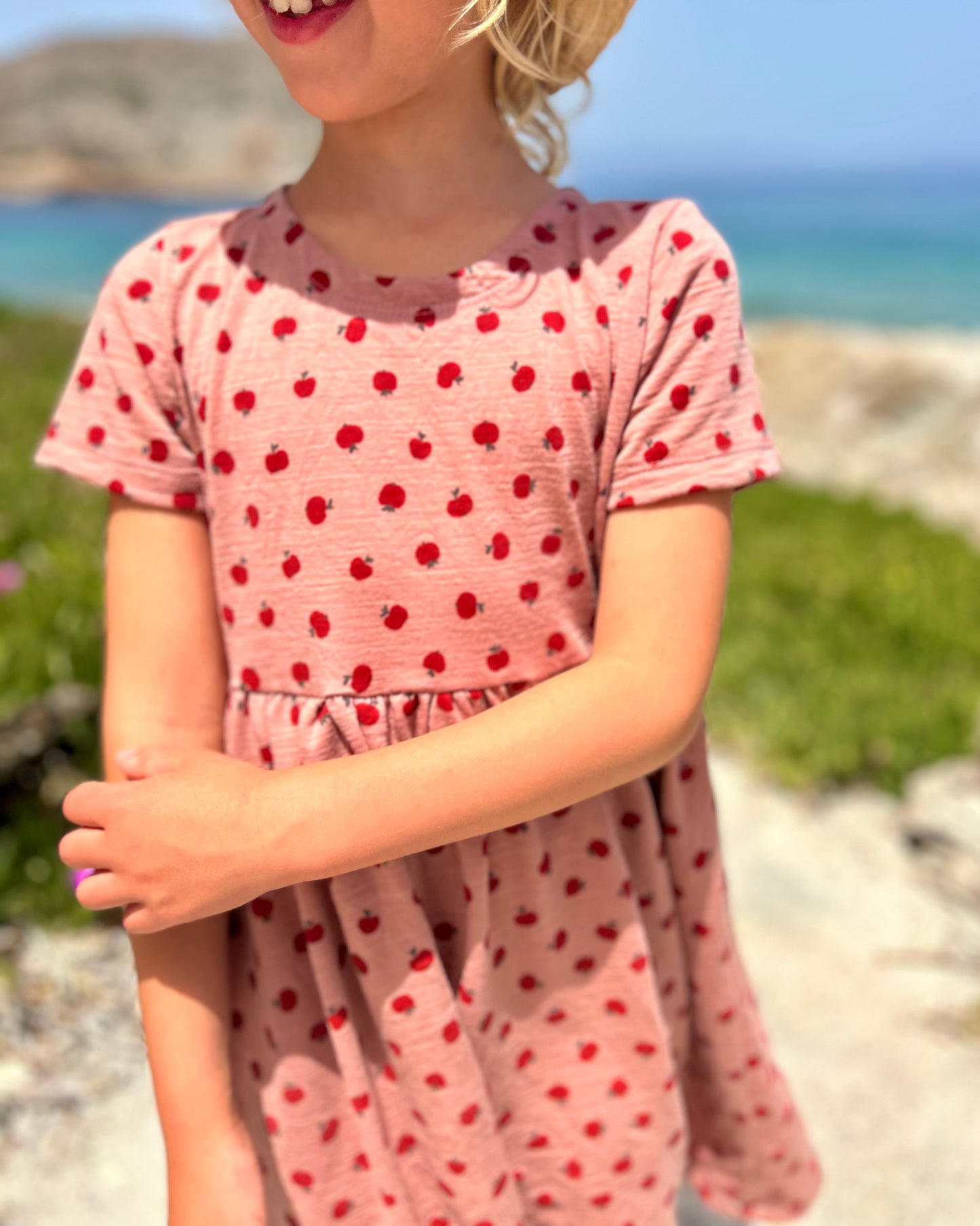 Bio Merino Singlejersey, Äpfelchen auf Altrosa