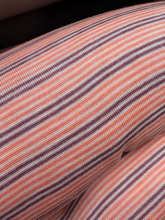 Bio Wolle/Seide Feinrippjersey flauschig, schmale Breite, Waldfrucht-Koralle-Natur-Ringel